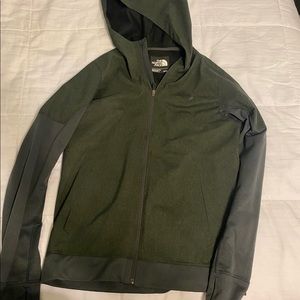 Olive green/grey North Face jacket. Bombshell mixed with athletic material.